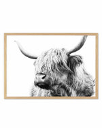 Highland Cow B&W Close-up Art Print