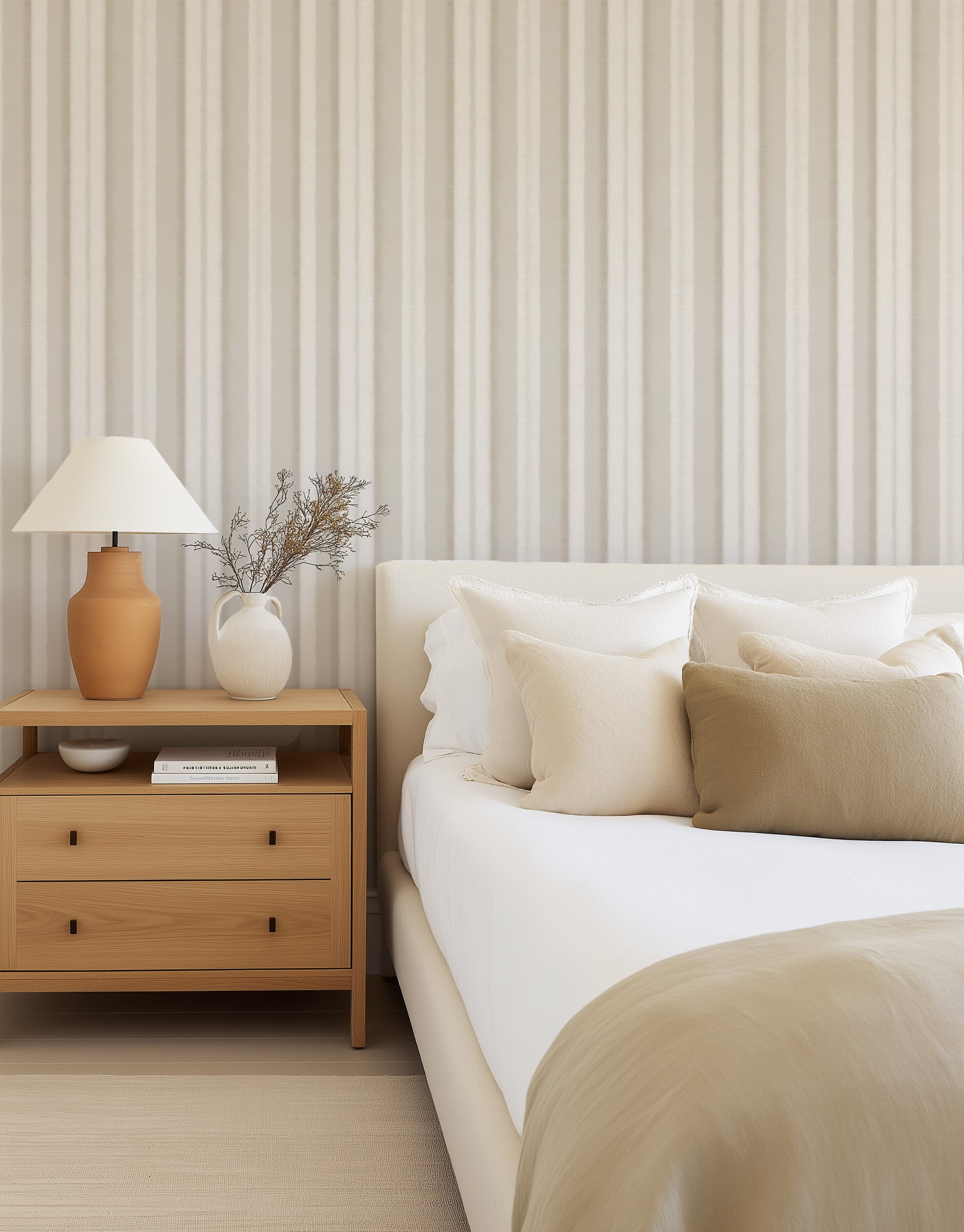 Highlands Stripe in Beige Wallpaper from Olive et Oriel where you can shop wallpaper and artworks online