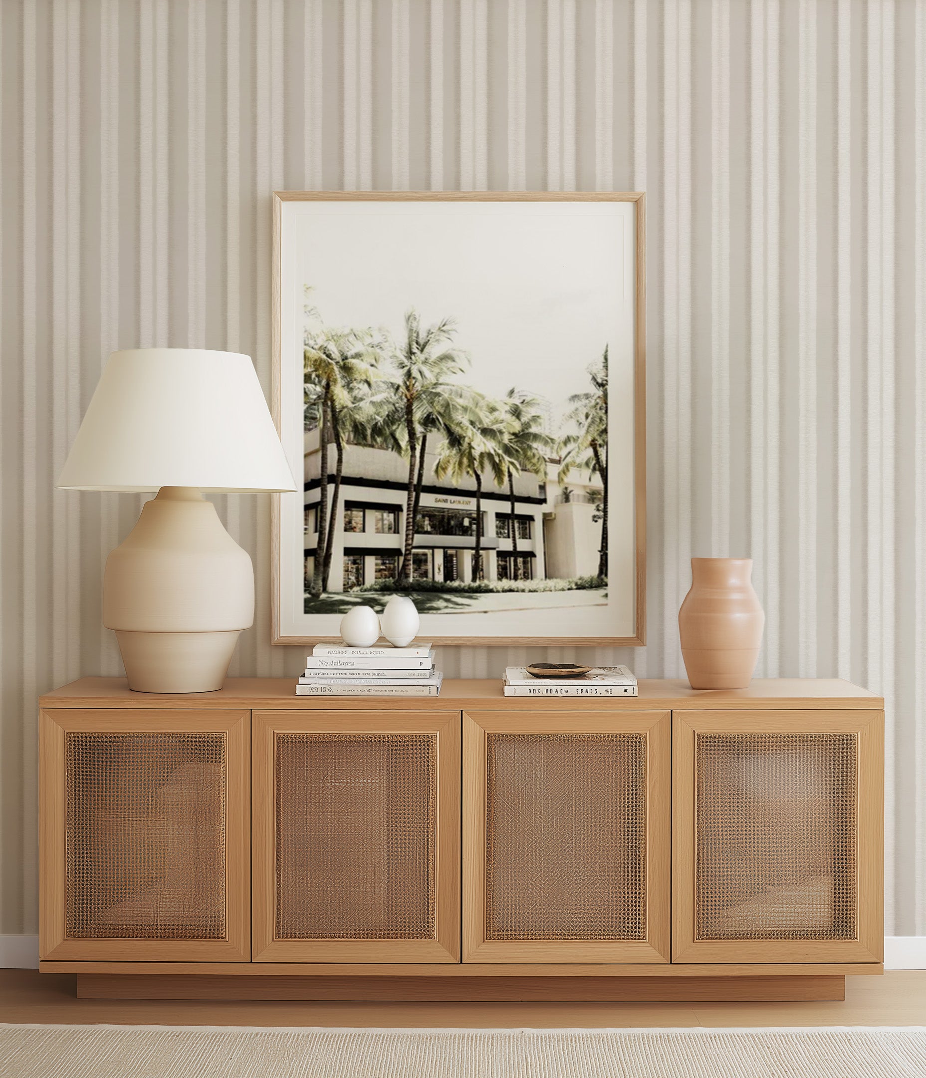 Highlands Stripe in Beige Wallpaper from Olive et Oriel where you can shop wallpaper and artworks online