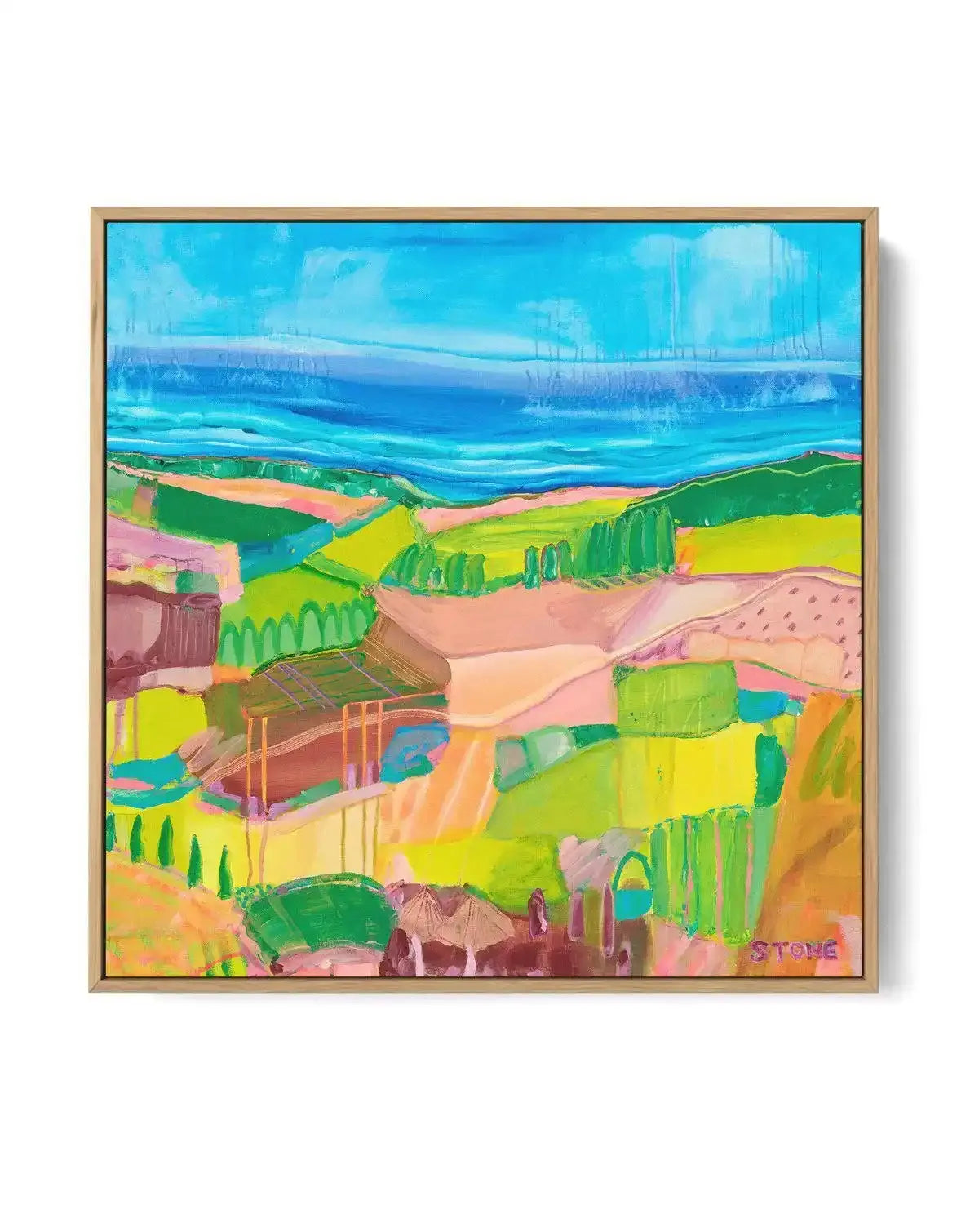 Hinterland Views by Belinda Stone | Framed Canvas Art Print blue bright & vibrant coastal art print