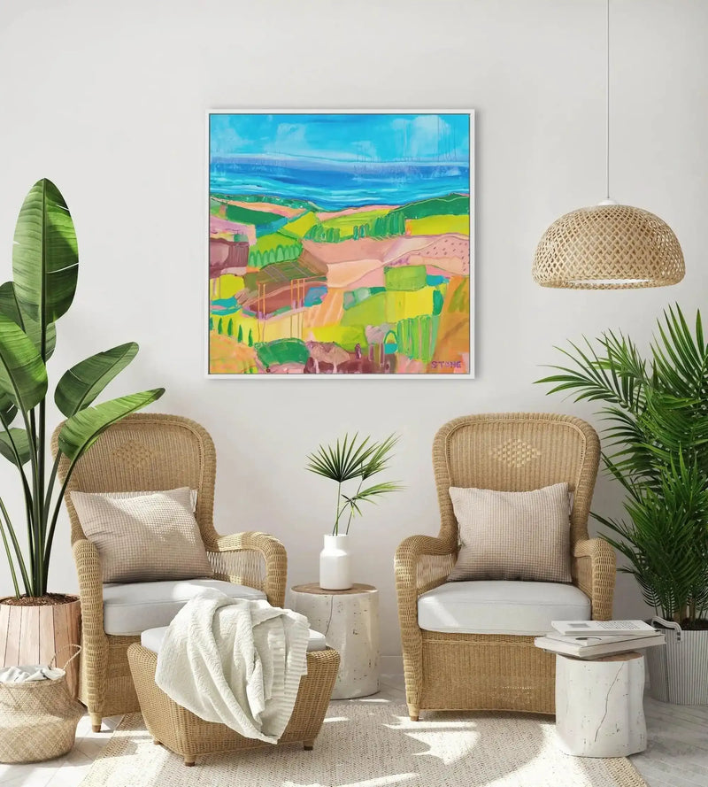 Hinterland Views by Belinda Stone | Framed Canvas Art Print blue bright & vibrant coastal art print