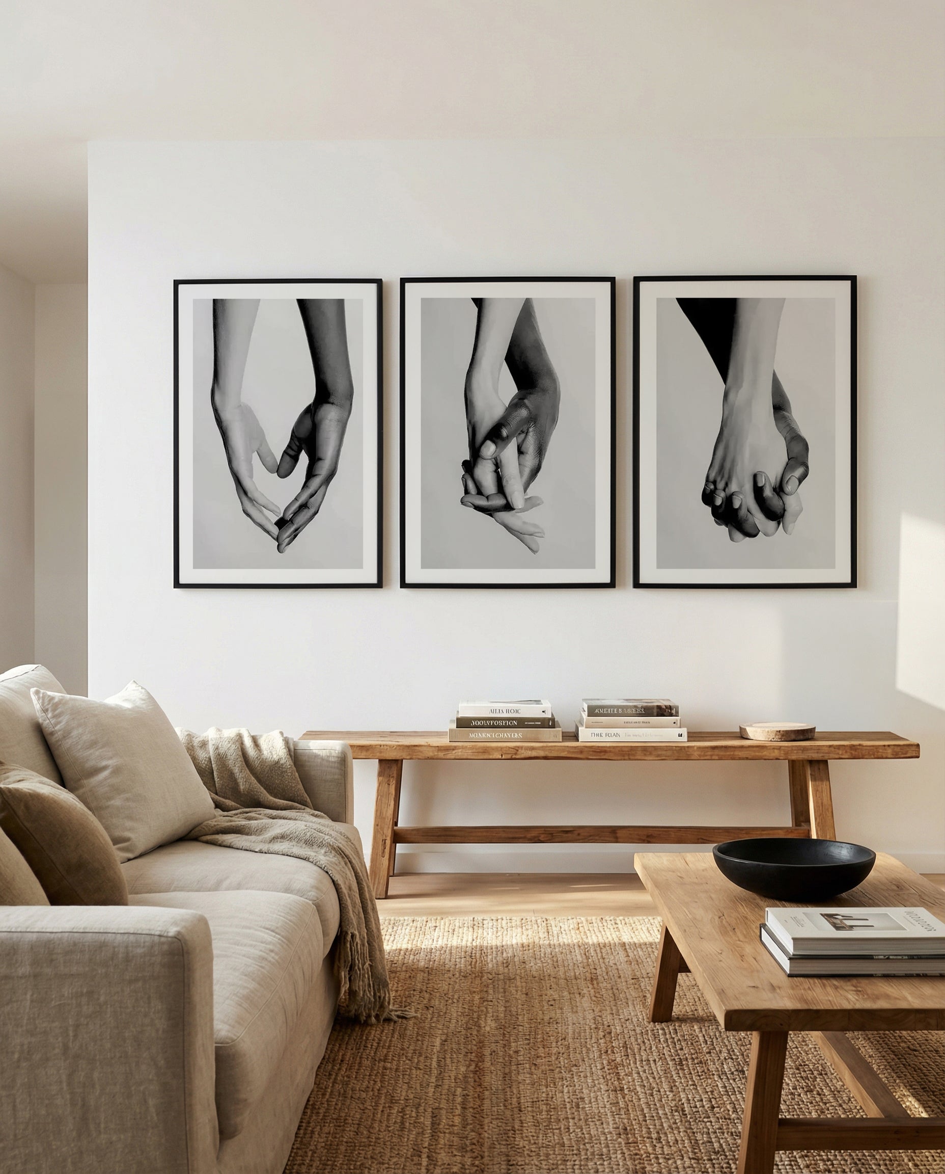 Holding Hands I, II & III | 3 Piece Wall Art Set in Black and White art print oak frame with white border