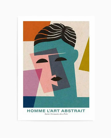 Abstract art print featuring a stylized human face composed of geometric shapes in teal, pink, and dark blue, with black lines for hair and facial features, set against a textured cream background.