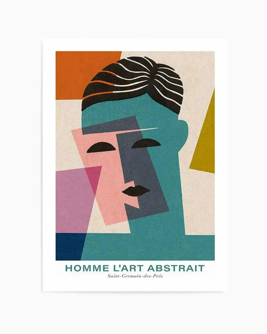 Abstract art print featuring a stylized human face composed of geometric shapes in teal, pink, and dark blue, with black lines for hair and facial features, set against a textured cream background.