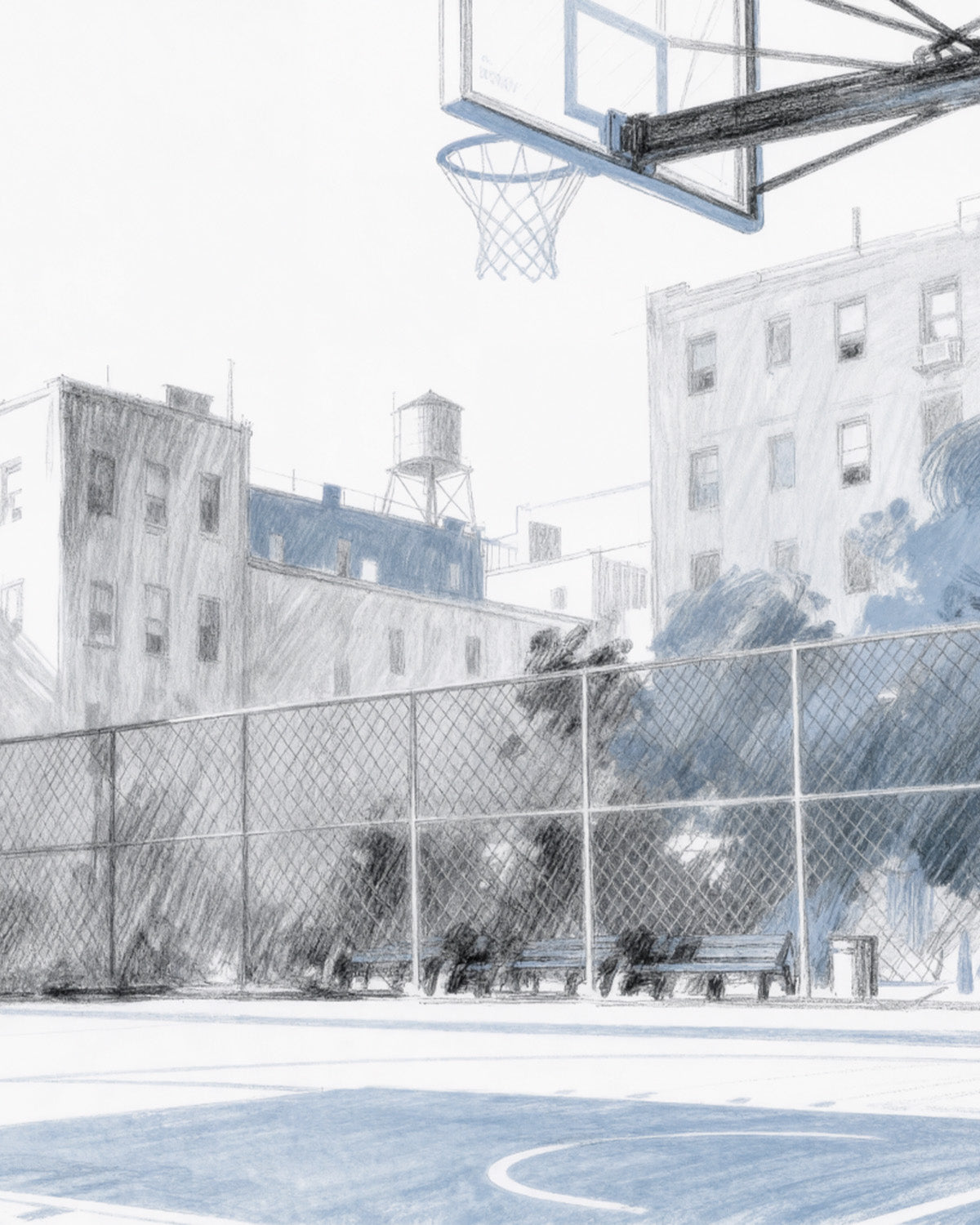 Hoop Hustle Basketball Mural in Blue Wallpaper from Olive et Oriel where you can shop wallpaper and artworks online