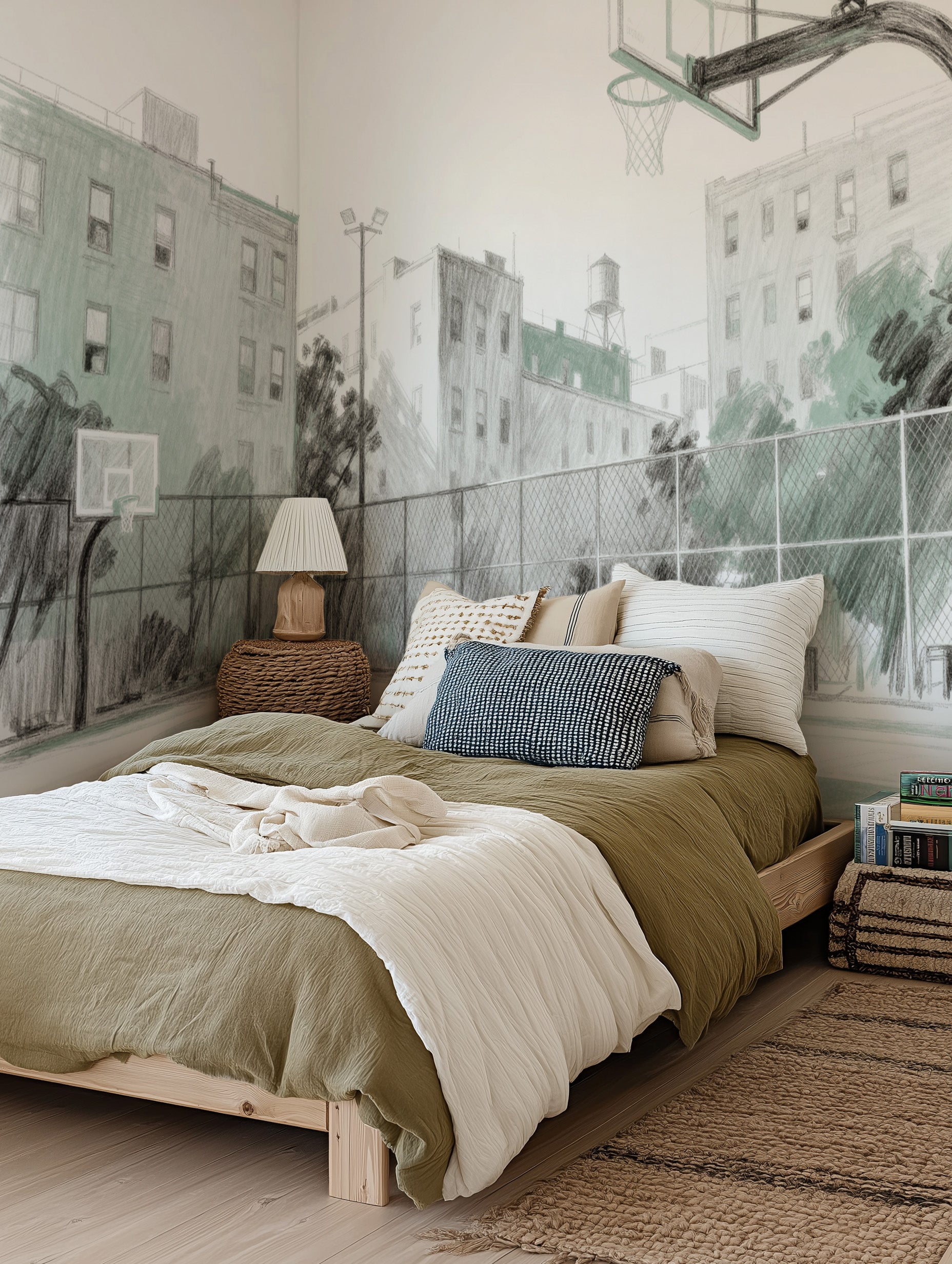 Hoop Hustle Basketball Mural in Sage Green Wallpaper from Olive et Oriel where you can shop wallpaper and artworks online