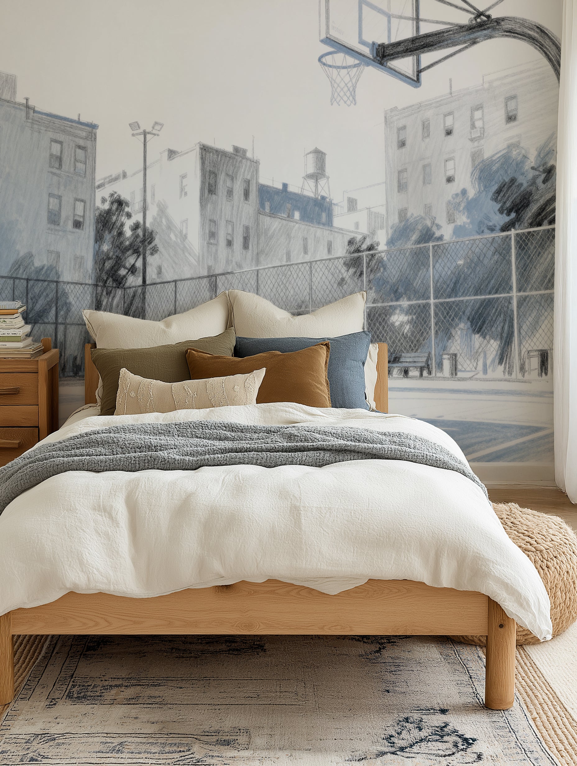 Hoop Hustle Basketball Mural in Blue Wallpaper from Olive et Oriel where you can shop wallpaper and artworks online