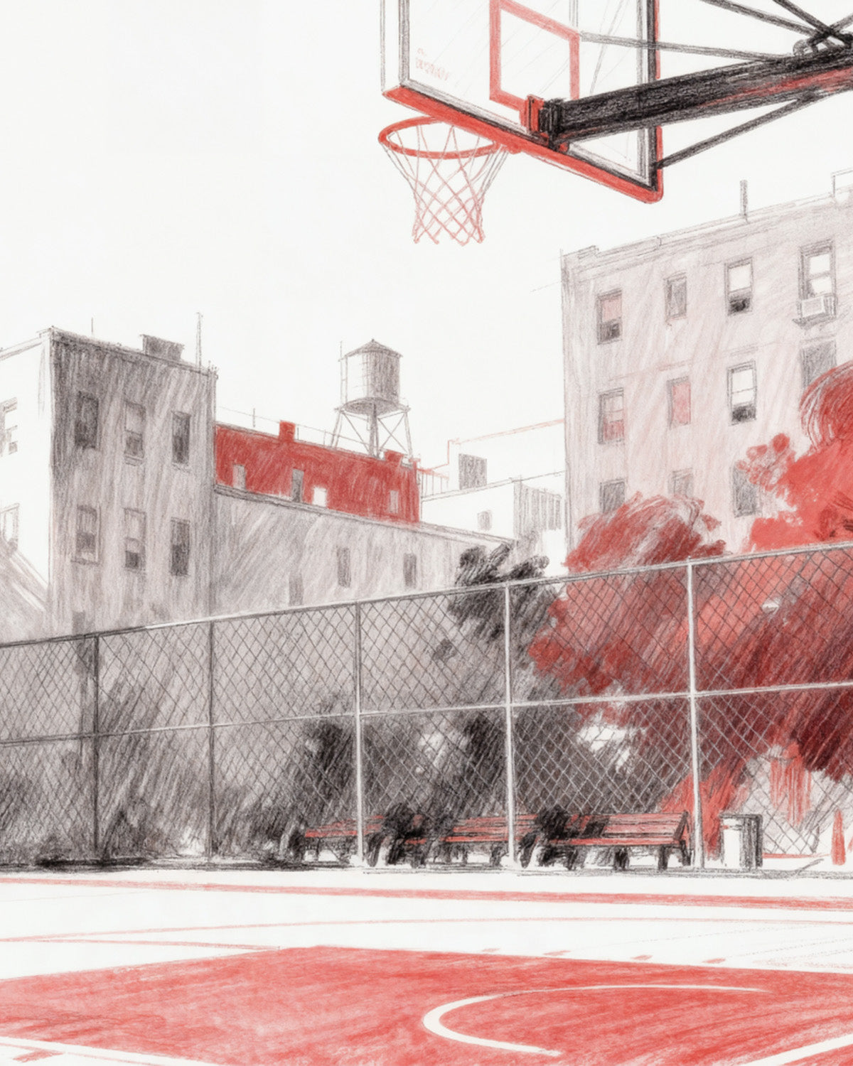 Hoop Hustle Basketball Mural in Red Wallpaper from Olive et Oriel where you can shop wallpaper and artworks online