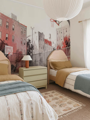 Hoop Hustle Basketball Mural in Red Wallpaper from Olive et Oriel where you can shop wallpaper and artworks online