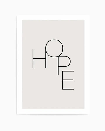 Art print featuring the word "HOPE" in a minimalist, thin black line art style on a light grey background, with the letters "H" and "P" sharing a vertical line, and the "O" and "E" formed by simple geometric shapes.
