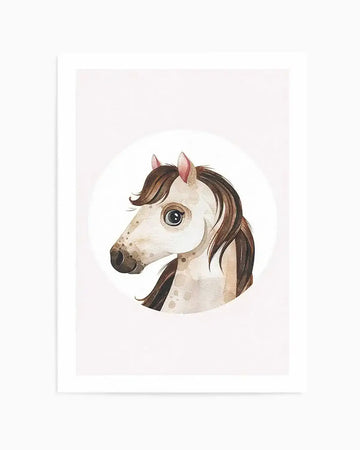 Watercolour art print featuring a charming illustration of a horse's head in profile, facing left, against a soft white circular background. The horse has a light cream coat with subtle brown speckles, a dark brown mane, and pink inner ears. Its large, dark eyes have a gentle expression.