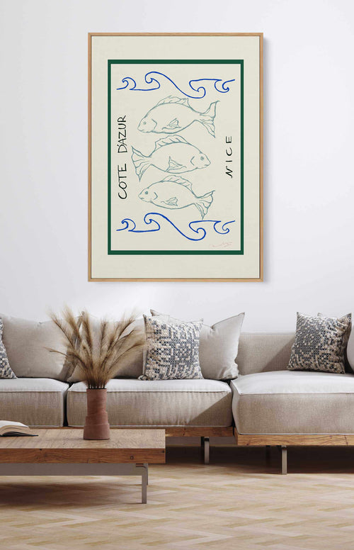 Fish Waves in Beige  By AM | Framed Canvas Art Print