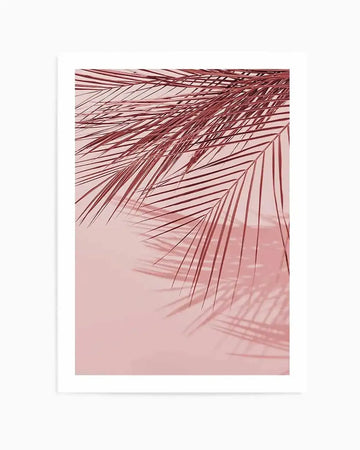 Art print featuring a close-up photograph of deep red palm fronds casting shadows on a soft blush pink background, with a white border. The composition captures the delicate texture of the leaves and the subtle gradients of light and shadow.