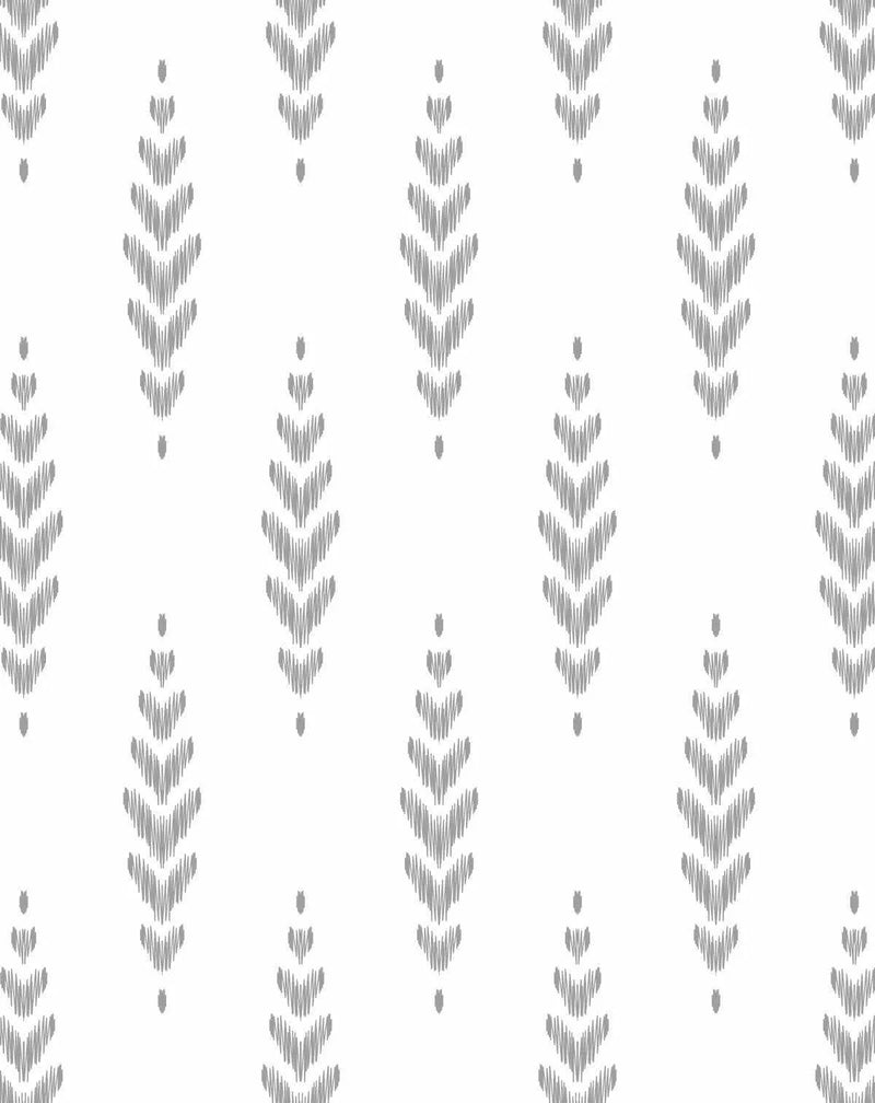 Peel and stick wallpaper featuring a repeating pattern of hand-drawn ikat motifs in light grey on a white background. The pattern consists of vertical, elongated chevron-like shapes with a textured, hand-sketched appearance, arranged in alternating heights.