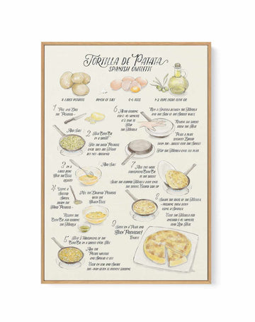Illustrated Recipe of Spanish Tortilla de Patatas in English By Rosana Laiz Blursbyai | Framed Canvas Art Print from Olive et Oriel where you can shop wallpaper and artworks online
