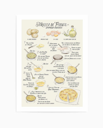 Illustrated Recipe of Spanish Tortilla de Patatas in English By Rosana Laiz Blursbyai | Art Print from Olive et Oriel where you can shop wallpaper and artworks online