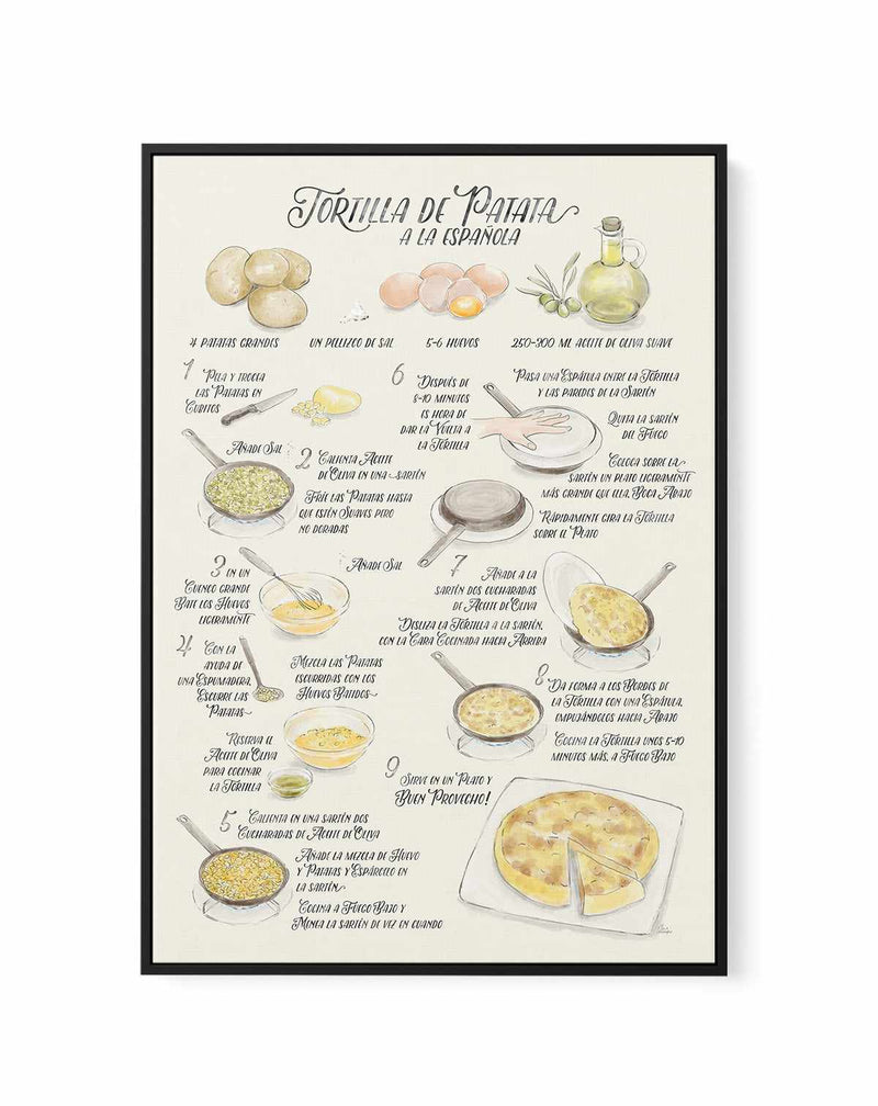 Illustrated Recipe of Spanish Tortilla de Patatas in Spanish | Framed Canvas Art Print