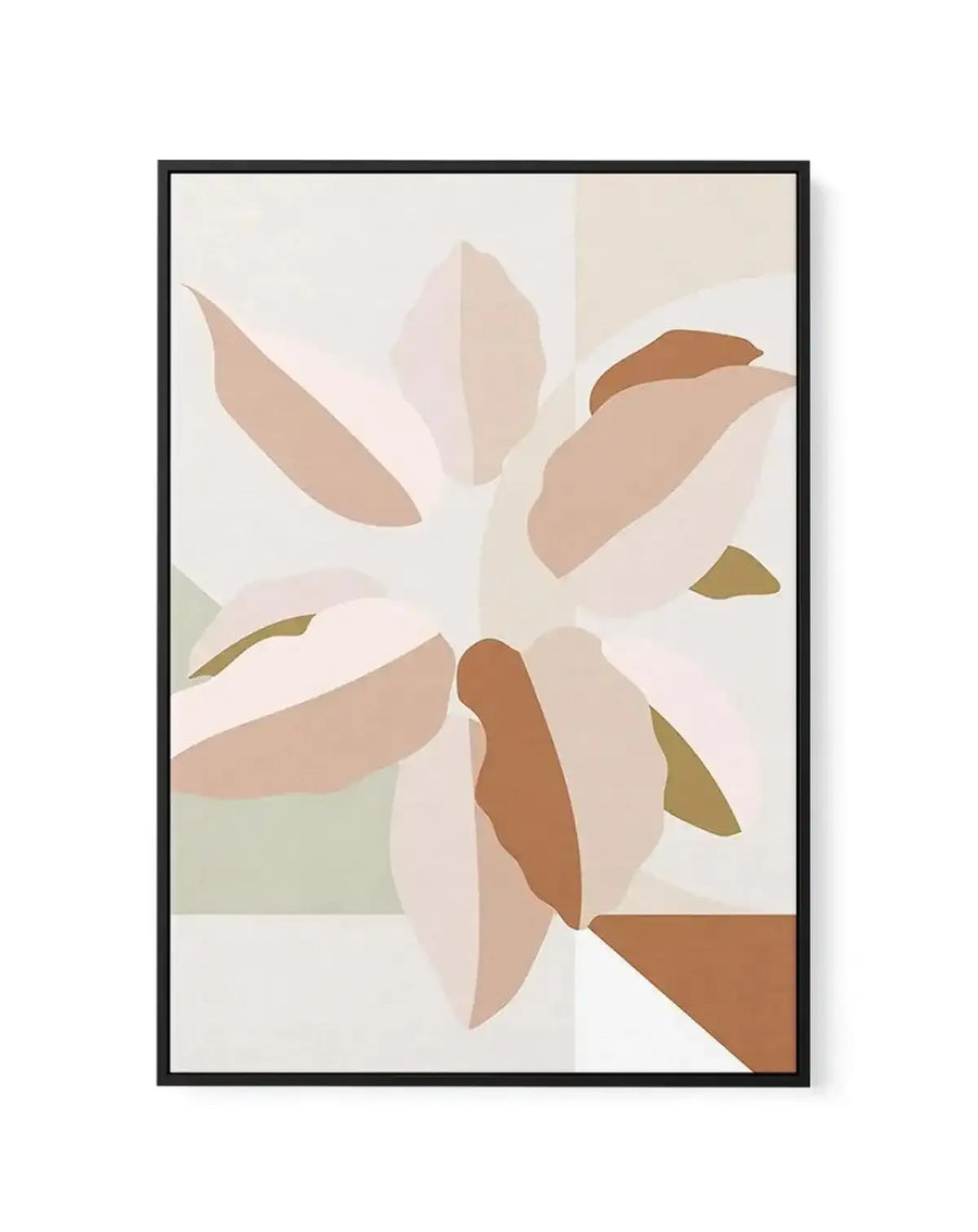 Framed canvas art print titled "In Bloom I" featuring an abstract botanical illustration. The design shows stylized flower petals in soft earth tones including dusty rose, warm tan, terracotta brown, and sage green against a cream and off-white background. The composition uses overlapping geometric petal shapes arranged in a radial pattern with a minimalist aesthetic. The artwork is enclosed in a black frame with clean edges, displayed as a vertical rectangular print.
