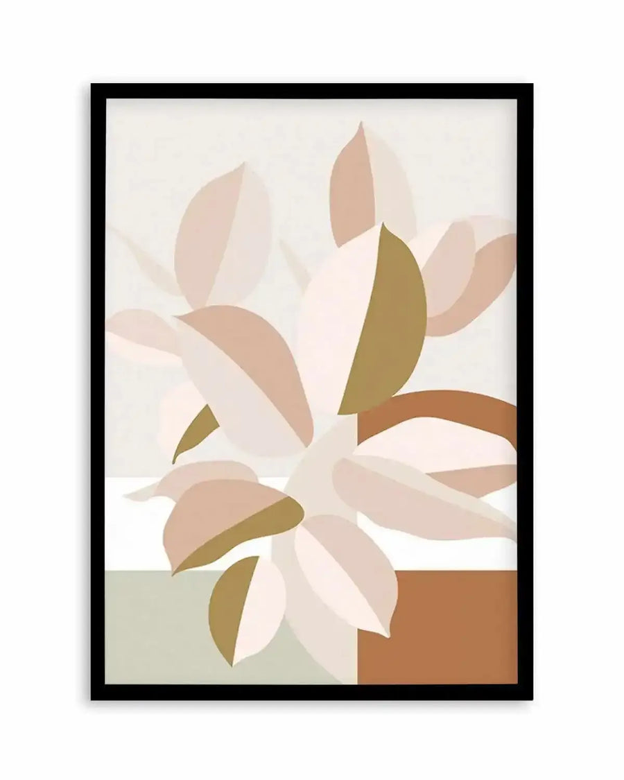 Art print featuring a stylized illustration of a plant with large, overlapping leaves in shades of pale pink, dusty rose, and muted olive green, set against a light cream background with horizontal and vertical blocks of white, sage green, and burnt orange at the bottom, displayed in a black frame with a white border.