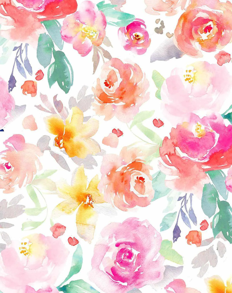 Peel and stick wallpaper featuring a repeating pattern of loose, hand-painted watercolour flowers in shades of pink, coral, orange, and yellow on a white background. The design includes various floral shapes, from open roses and peonies to smaller buds and delicate blossoms, interspersed with soft green and grey leaves and small red accents, all with visible brushstroke texture.