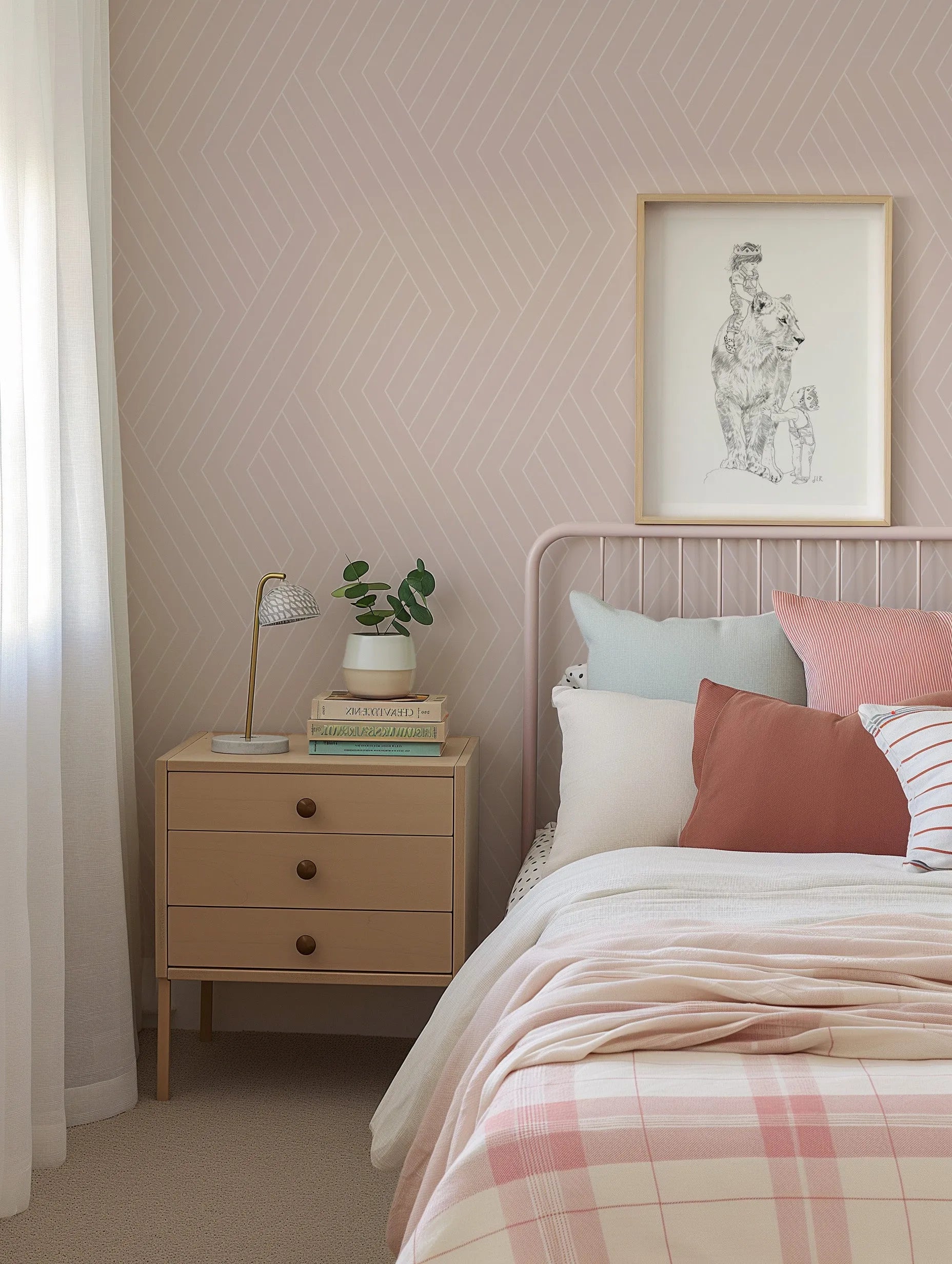 In Geo Wallpaper | Blush from Olive et Oriel where you can shop wallpaper and artworks online
