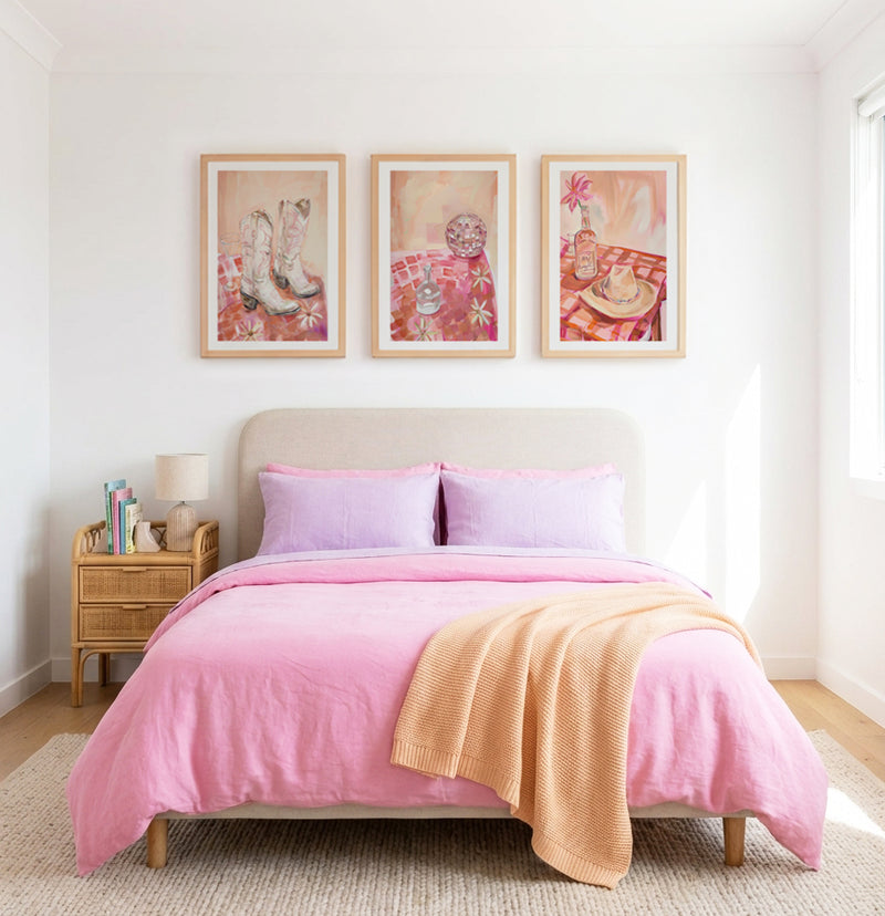 In My Cowgirl Era I, II & III | 3 Piece Wall Art Set in Pink art print oak frame with white border