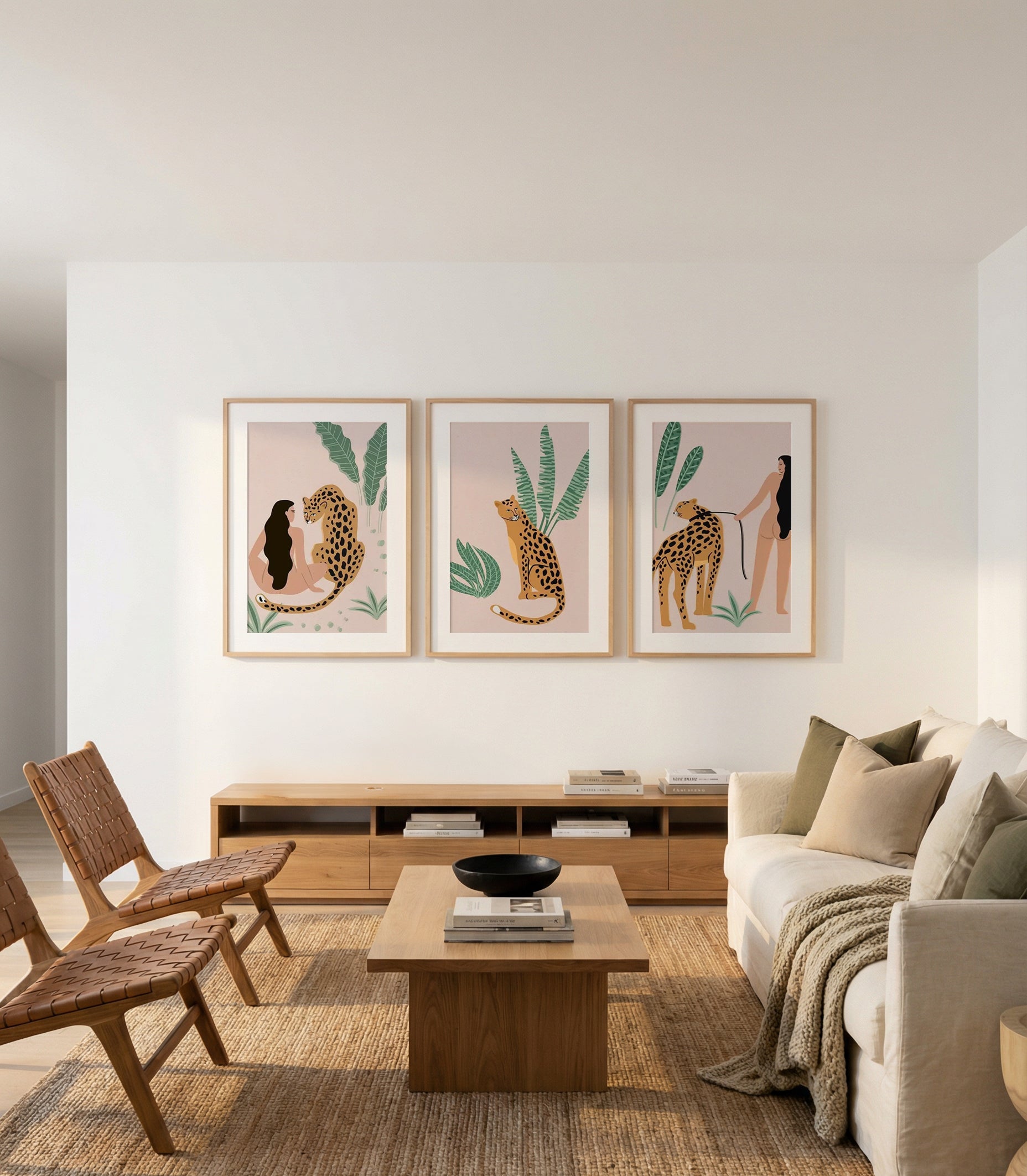 In The Wild I, II & III | 3 Piece Wall Art Set in Brown and Pink art print oak frame with white border