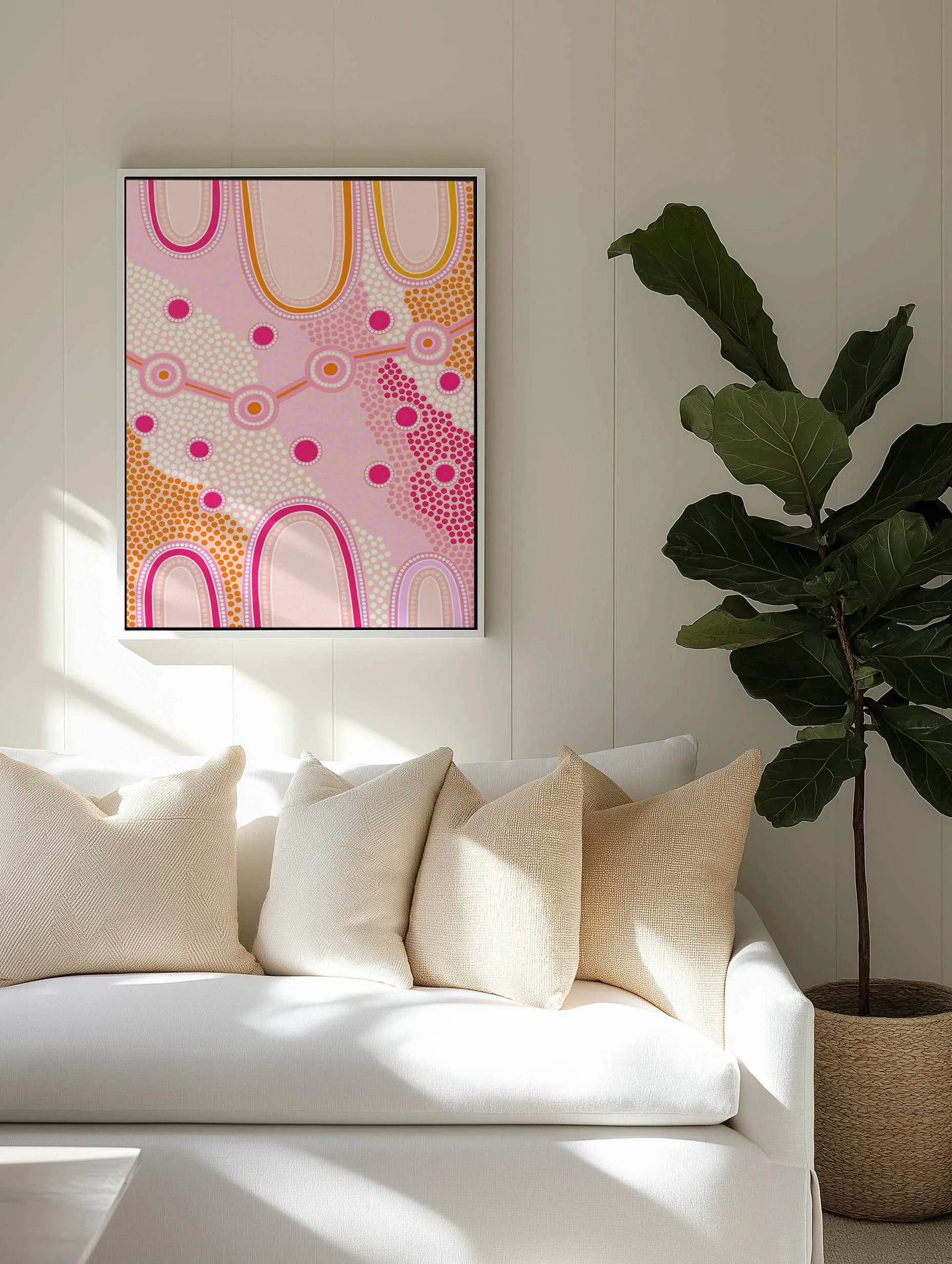 Indigenous Female Journey by Leah Cummins | Framed Canvas Art Print from Olive et Oriel where you can shop wallpaper and artworks online