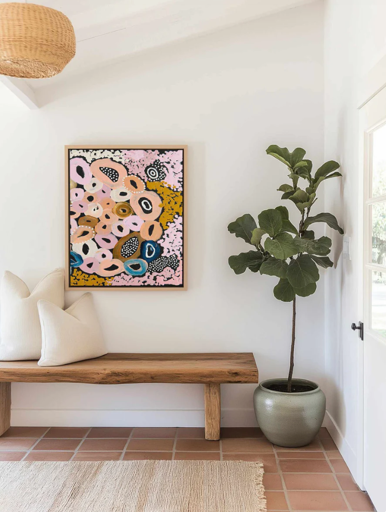 Indigenous artwork by Australian artist Bri Chelman in the entry way of a modern Australian Country home