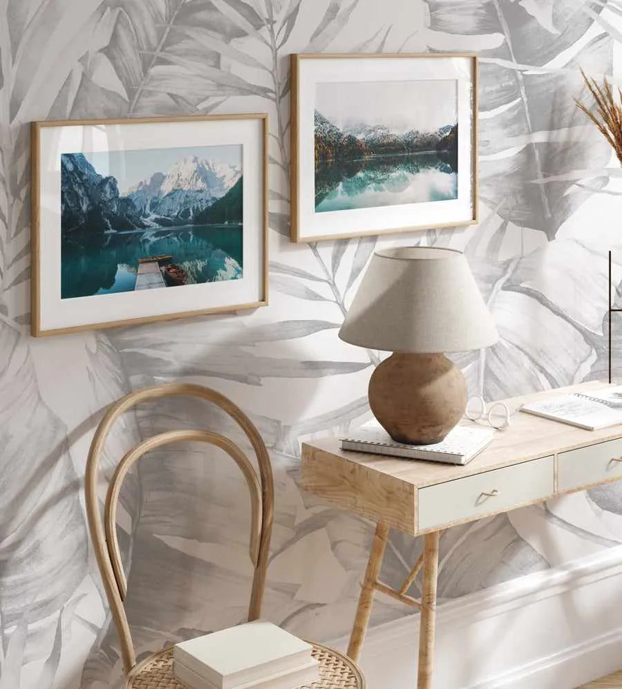 Island Luxe Palm Wallpaper in Grey from Olive et Oriel where you can shop wallpaper and artworks online