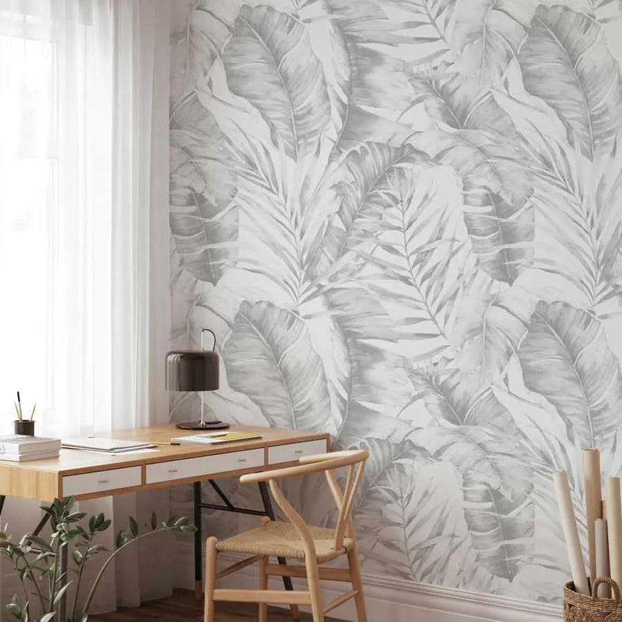 Island Luxe Palm Wallpaper in Grey from Olive et Oriel where you can shop wallpaper and artworks online