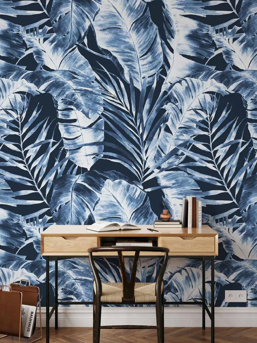 Island Luxe Palm Wallpaper in Navy from Olive et Oriel where you can shop wallpaper and artworks online
