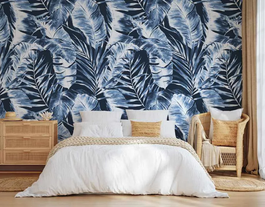 Island Luxe Palm Wallpaper in Navy from Olive et Oriel where you can shop wallpaper and artworks online