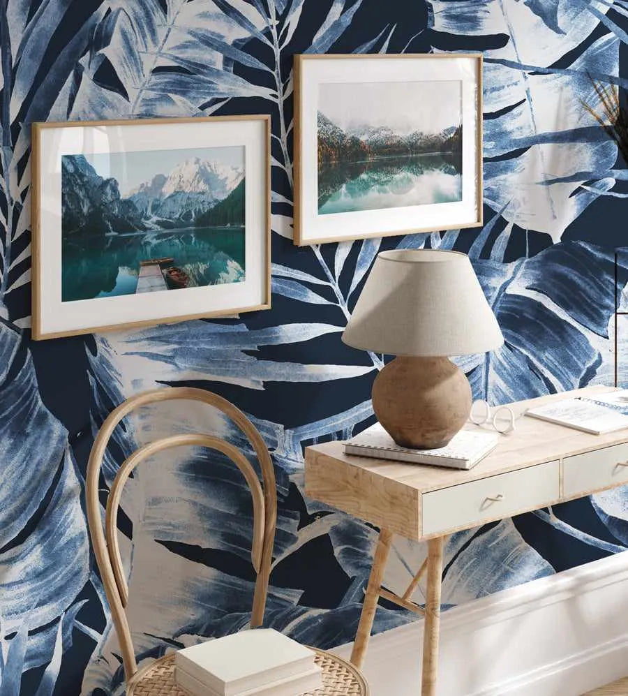 Island Luxe Palm Wallpaper in Navy from Olive et Oriel where you can shop wallpaper and artworks online