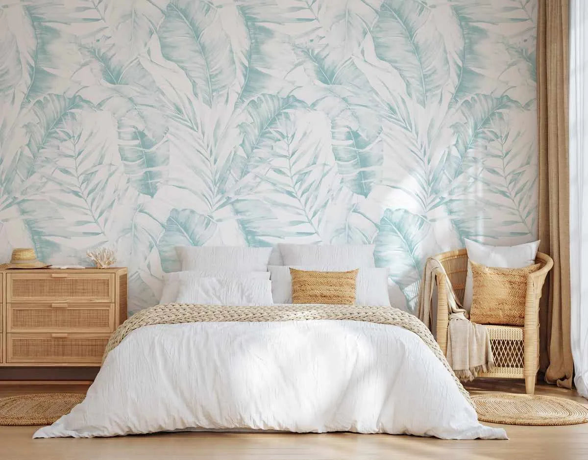 Island Luxe Palm Wallpaper in Seafoam from Olive et Oriel where you can shop wallpaper and artworks online