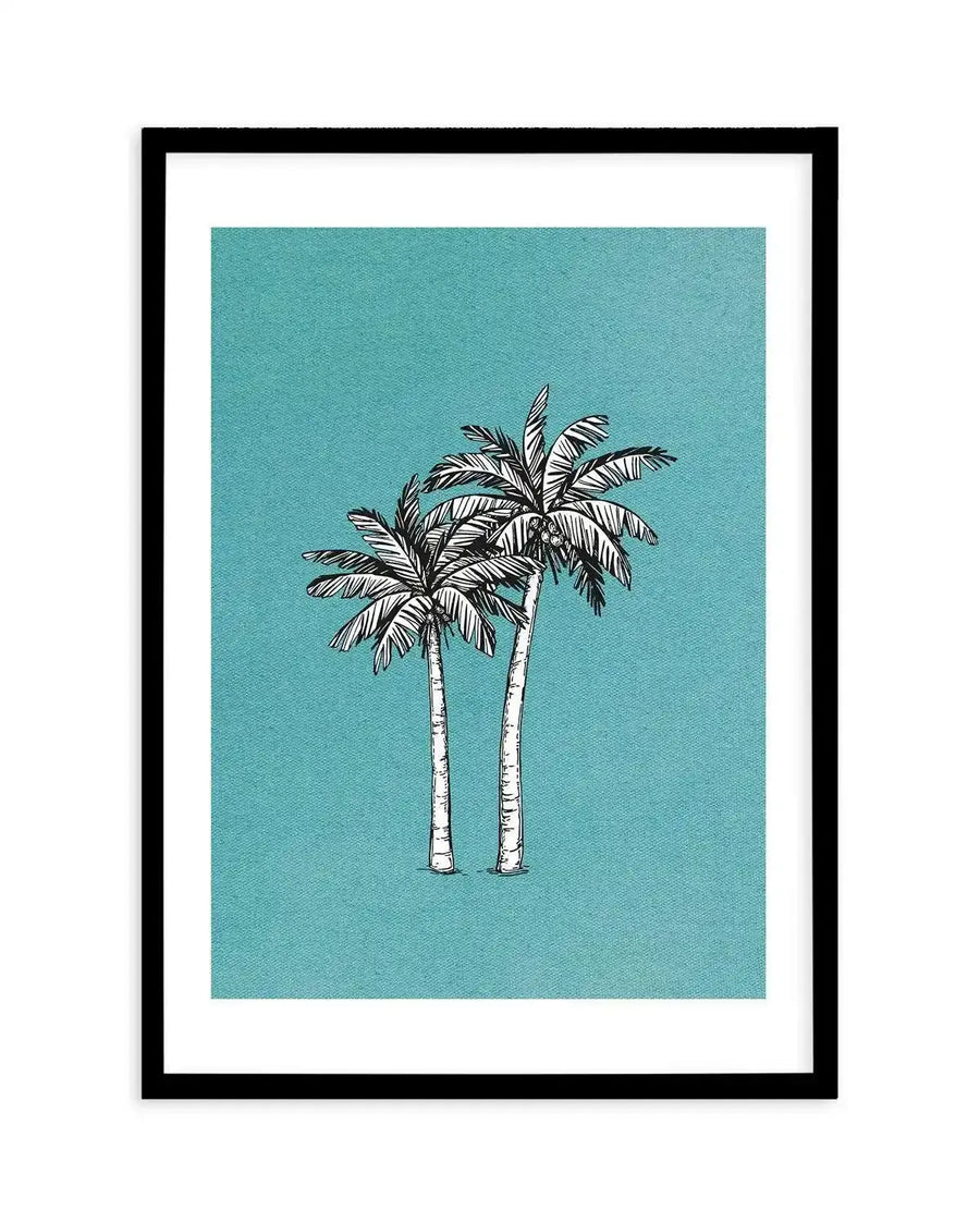 Illustration art print featuring two black and white palm trees with detailed fronds and textured trunks, set against a vibrant teal background, displayed in a black frame with white border.