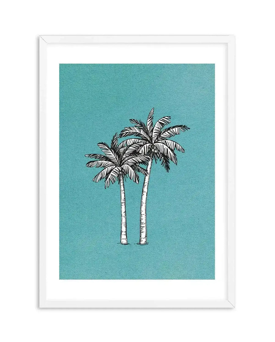 Art print featuring two hand-drawn palm trees with black outlines and white fill, standing on a subtle ground line against a textured teal background, displayed in a white frame with a white border.