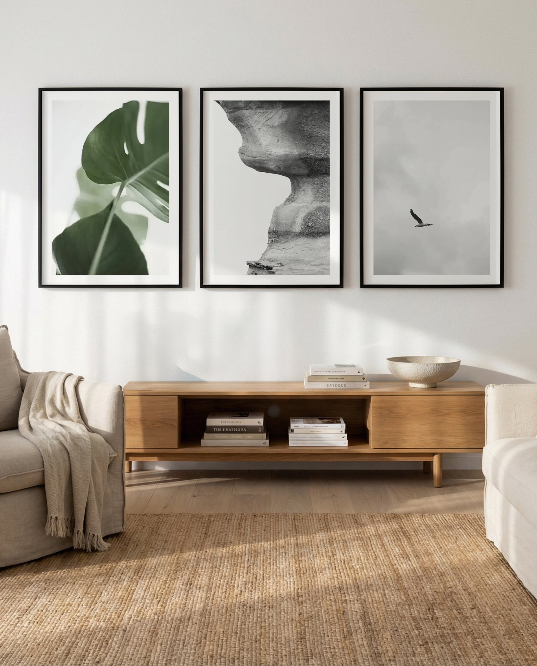 Island Luxe I, II & III | 3 Piece Wall Art Set in Green art print oak frame with white border