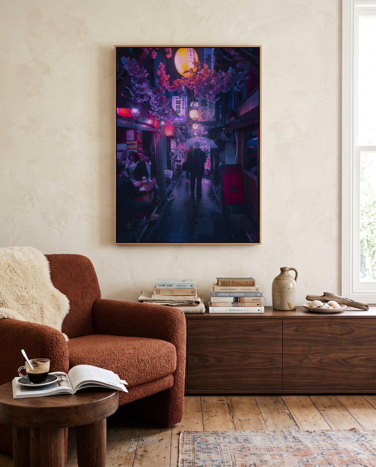 Japanese Alley Night Rain by Javier De La | Framed Canvas Art Print