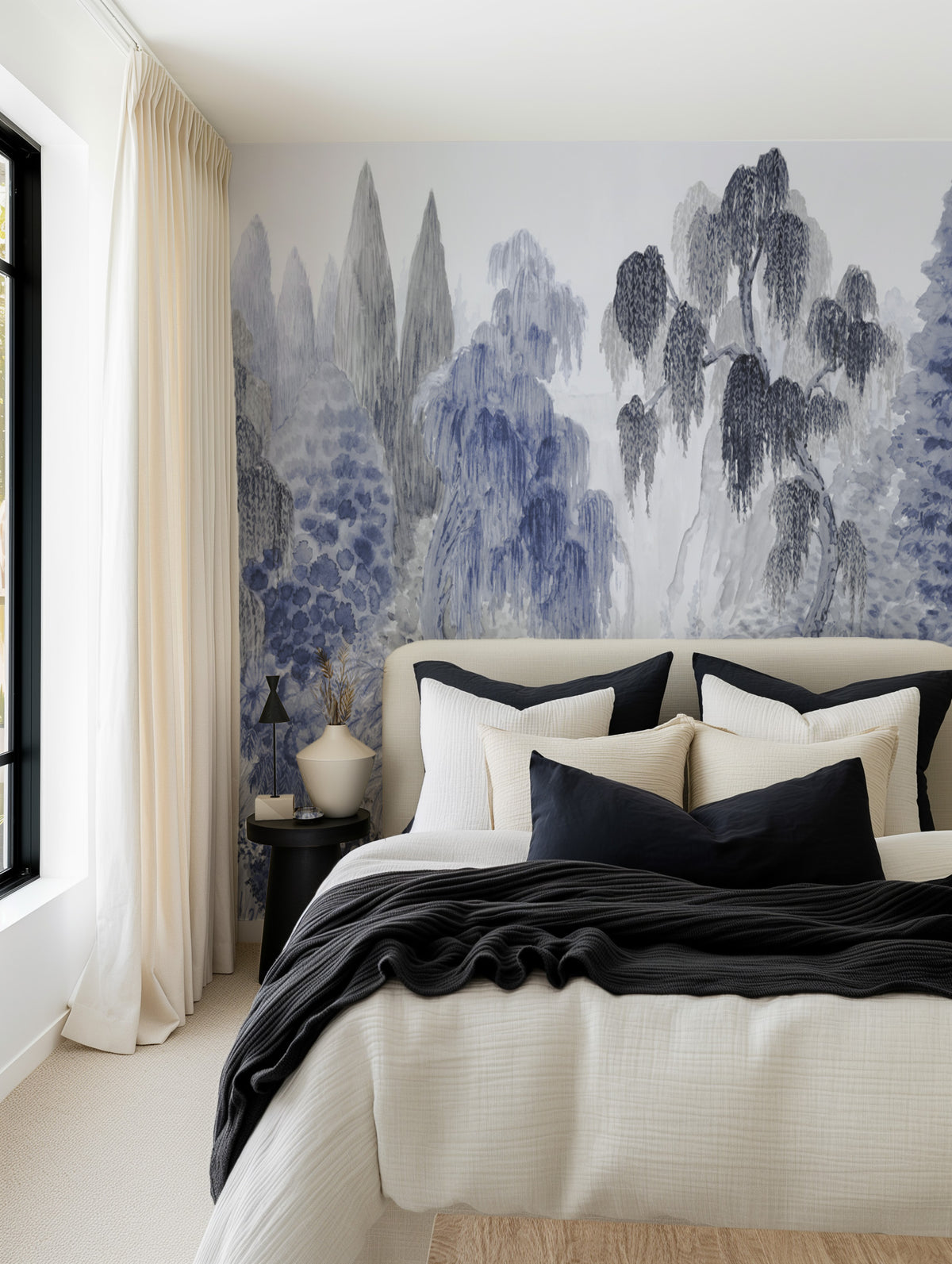 Japandi Garden Panoramic Mural Navy Blue on White Mural Wallpaper from Olive et Oriel where you can shop wallpaper and artworks online