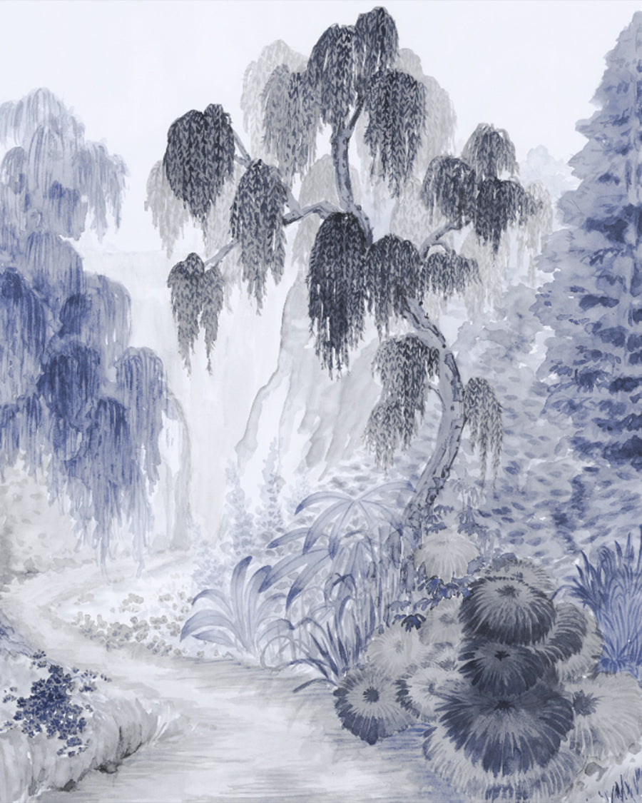 Japandi Garden Panoramic Mural Navy Blue on White Mural Wallpaper from Olive et Oriel where you can shop wallpaper and artworks online