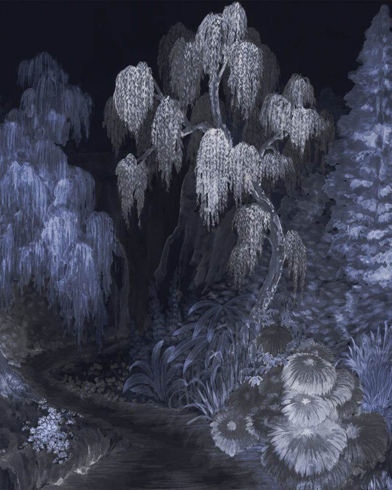 Japandi Garden Panoramic Mural Midnight Blue Mural Wallpaper from Olive et Oriel where you can shop wallpaper and artworks online