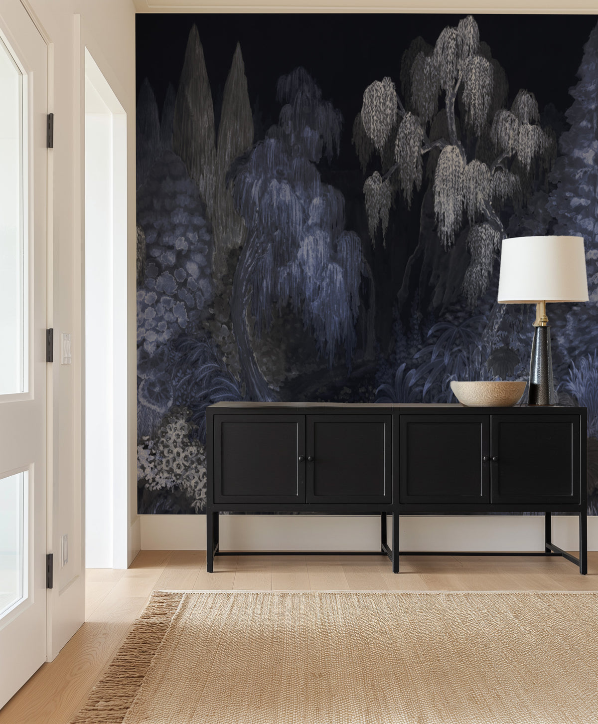 Japandi Garden Panoramic Mural Midnight Blue Mural Wallpaper from Olive et Oriel where you can shop wallpaper and artworks online