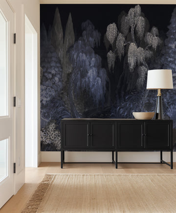 Japandi Garden Panoramic Mural Midnight Blue Mural Wallpaper from Olive et Oriel where you can shop wallpaper and artworks online