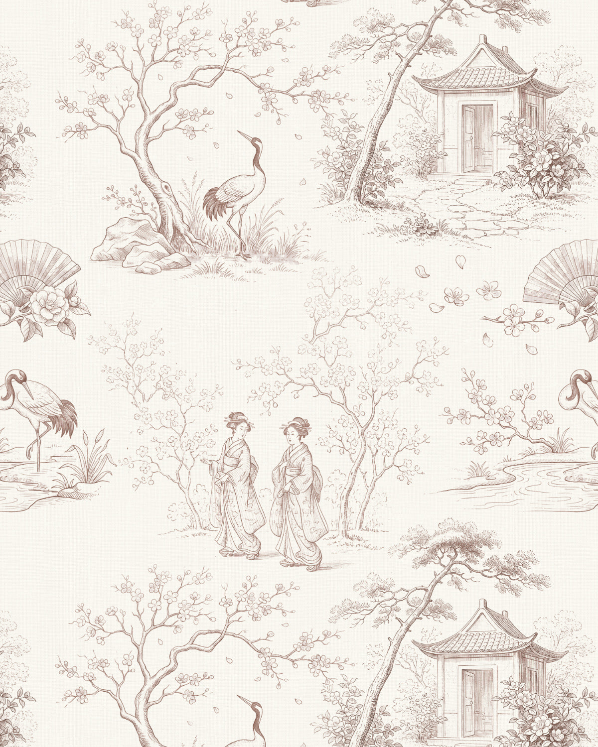 Japanese Gardens Toile de Jouy Wallpaper