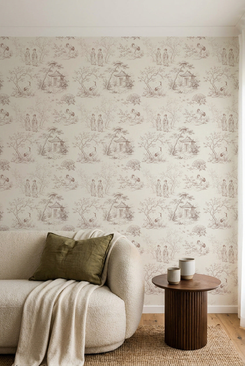 Japanese Gardens Toile de Jouy Wallpaper
