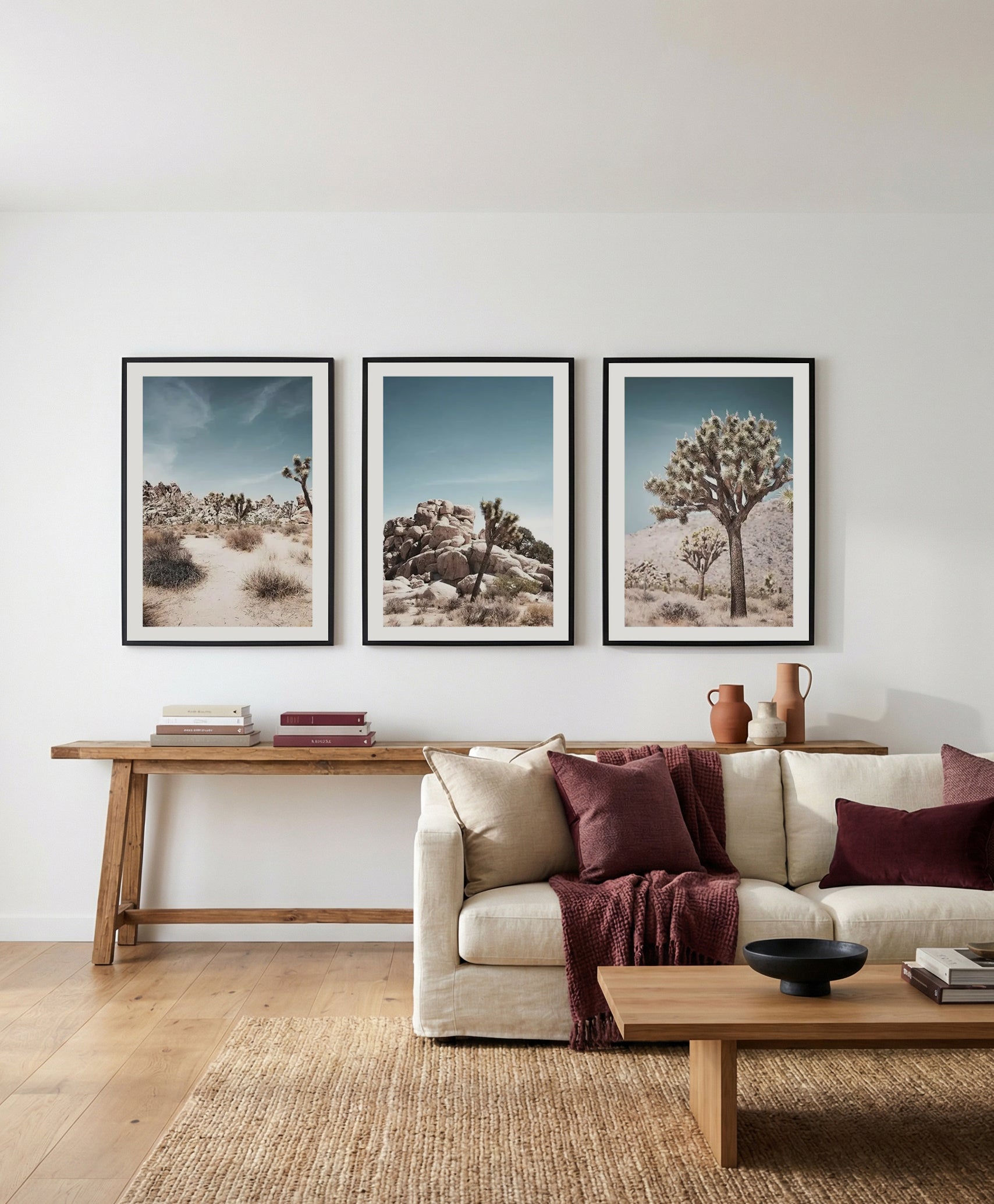 Joshua Tree Soft I, II & III | 3 Piece Wall Art Set in Brown and Green art print oak frame with white border