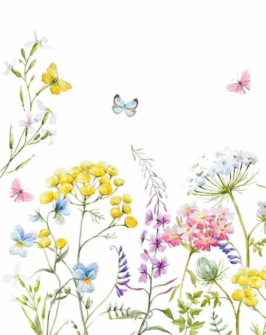 Peel and stick wallpaper featuring a repeating pattern of hand-painted watercolour wildflowers and butterflies on a white background. The design includes yellow tansy, blue pansies, white radishes, pink phlox, and purple vetch, with yellow, blue, and pink butterflies scattered throughout. The botanical elements have a delicate, airy quality with visible brushstroke texture.