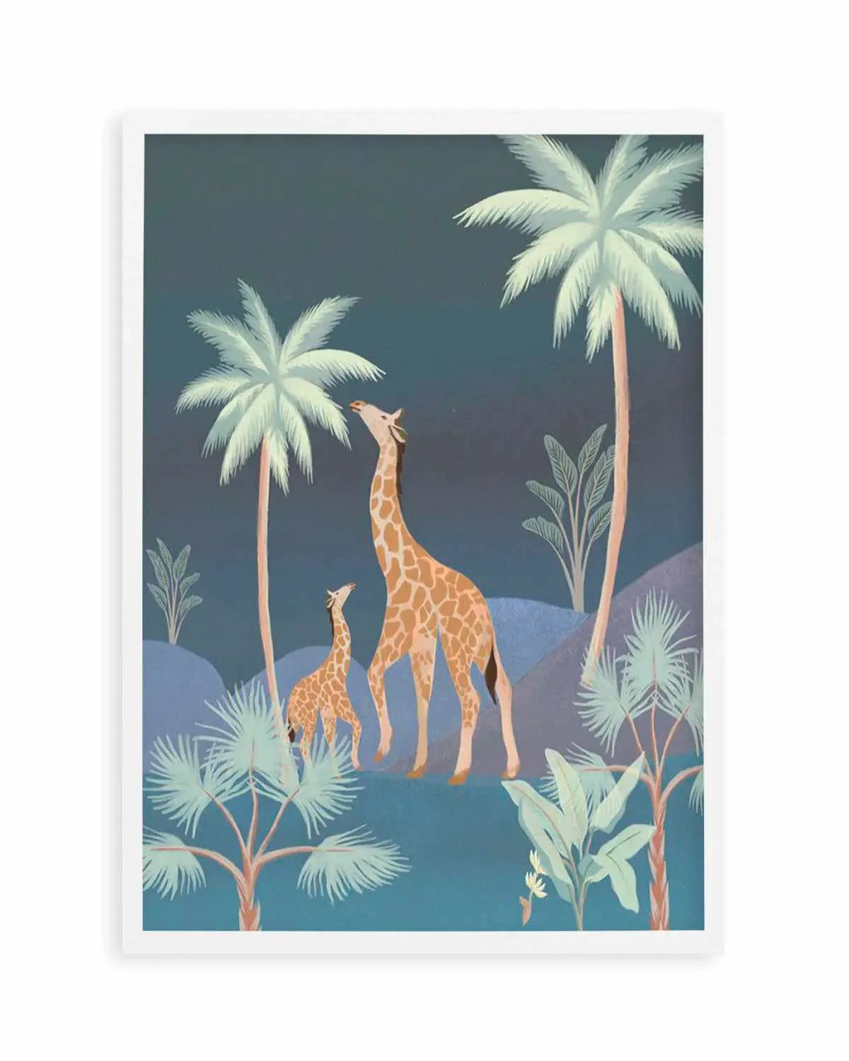 Jungle Giraffes in Midnight Art Print from Olive et Oriel where you can shop wallpaper and artworks online