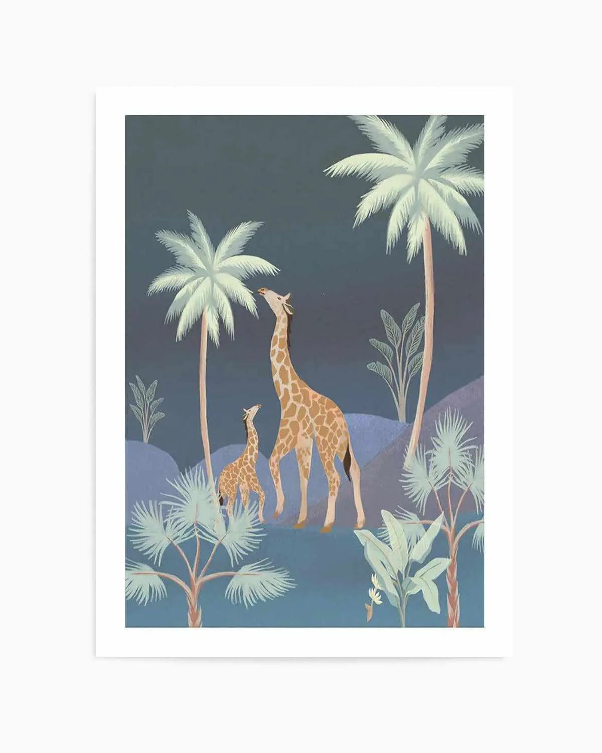 Jungle Giraffes in Midnight Art Print from Olive et Oriel where you can shop wallpaper and artworks online
